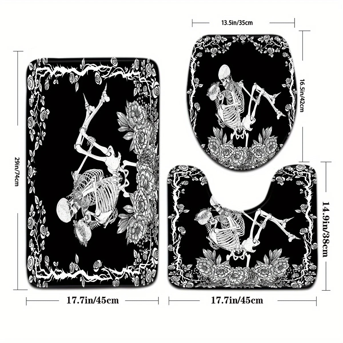 Gothic Skeleton Bathroom Set - Soft & Non-slip Contour Mat, Toilet Cover, Bathtub Mat