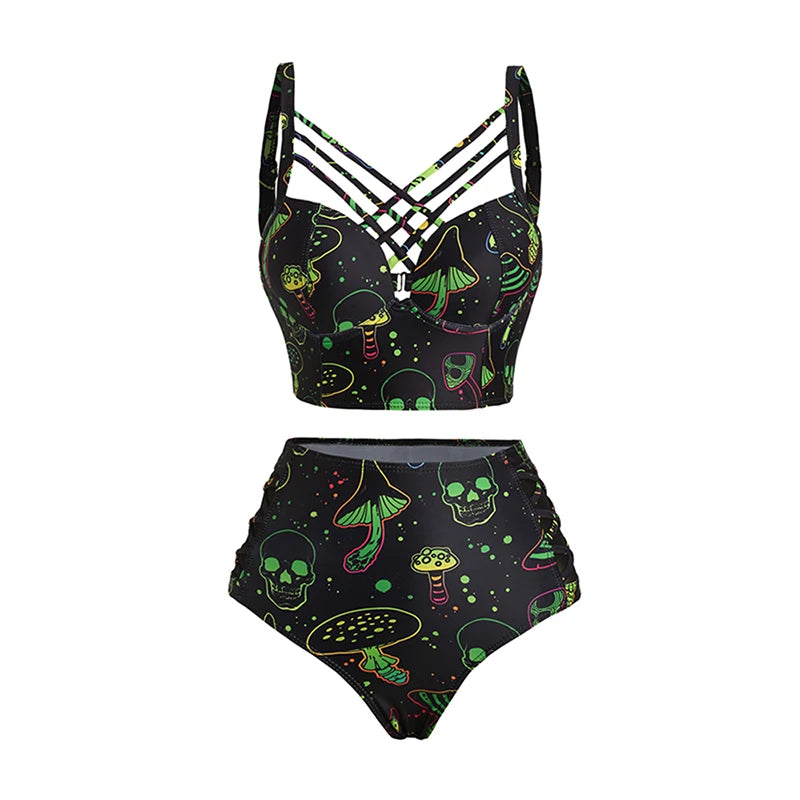 Skull Print Gothic Retro Vintage 1950s Bikini Two Piece Bathing Suit Swimwear