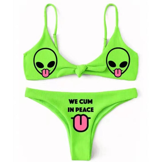 Sexy Cute Green Alien Print Bow Twist Bikini Swimwear Beachwear