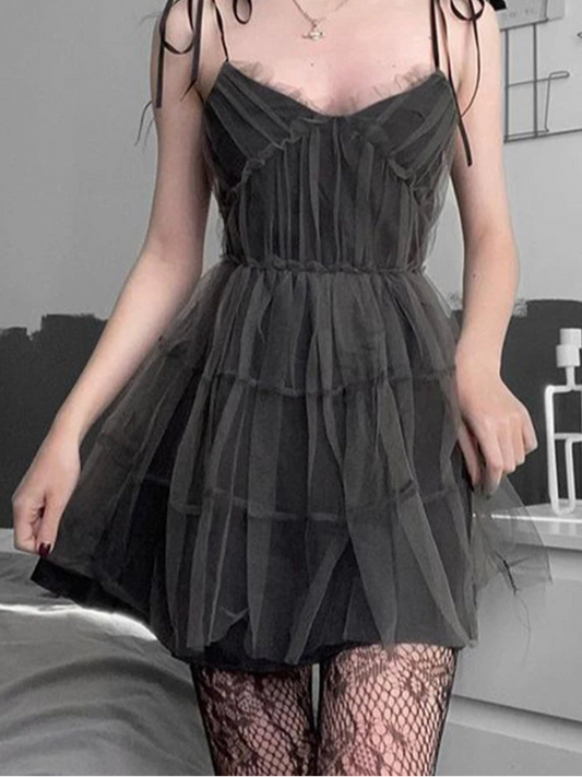 Gothic Black Grey Layered Mesh Flared Mini Dress
