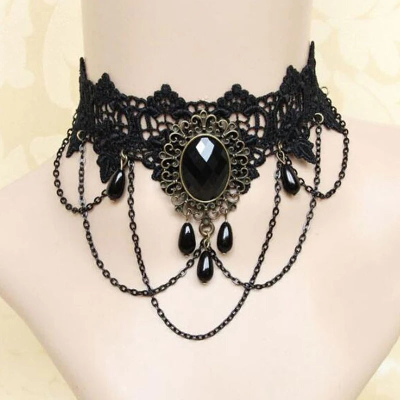 Gothic Chokers Crystal Black Lace Collar Necklace Vintage Victorian