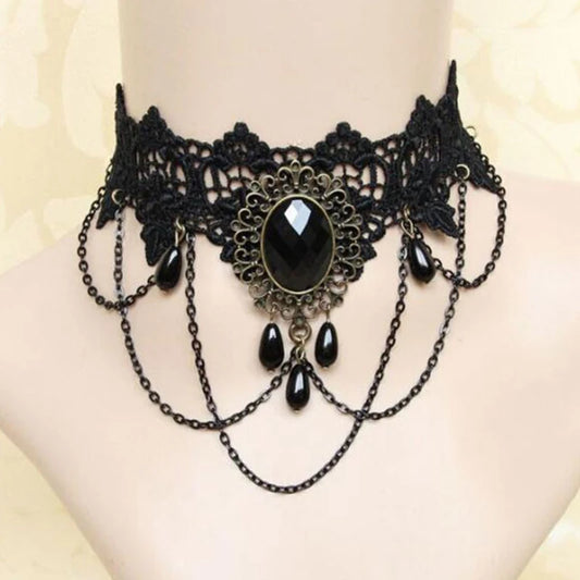 Gothic Chokers Crystal Black Lace Collar Necklace Vintage Victorian