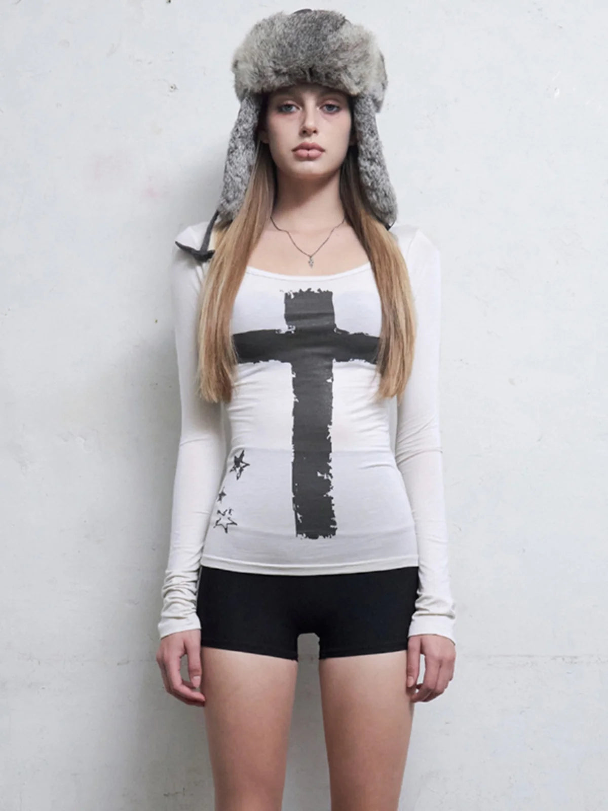 Gothic Punk Cross Print Long Sleeved White Top