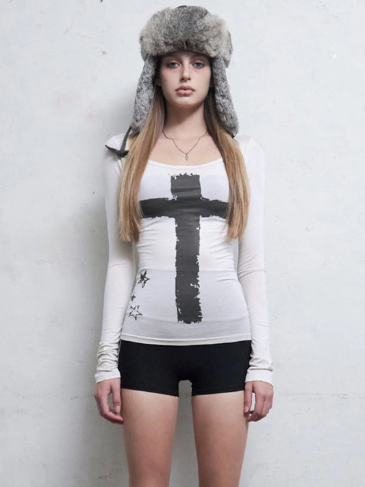 Gothic Punk Cross Print Long Sleeved White Top
