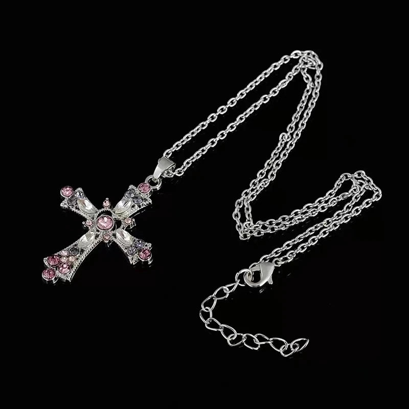 Gothic Victorian Punk Crystal Cross Pendant Necklace Gothic Chain