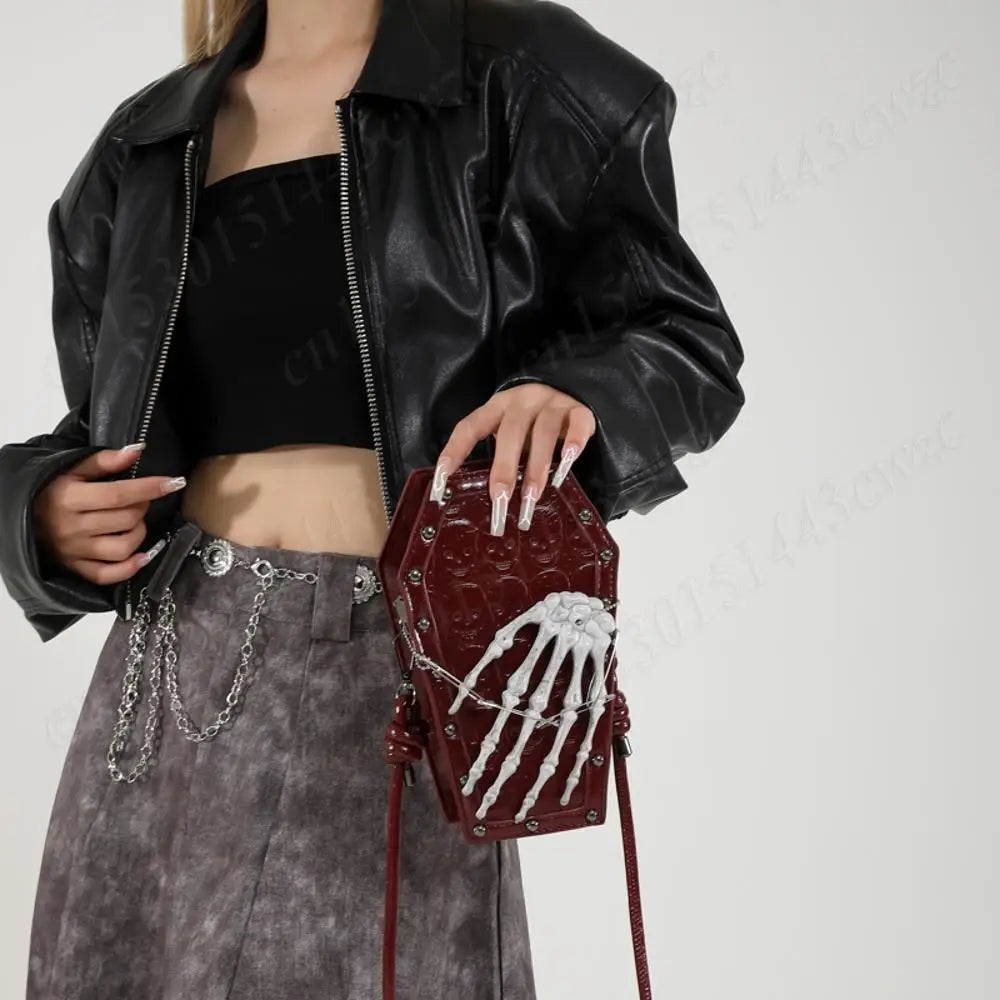 Punk Skull Shoulder Bag PU Leather Retro Gothic Cell Phone Purse Coffin Shape Handbag