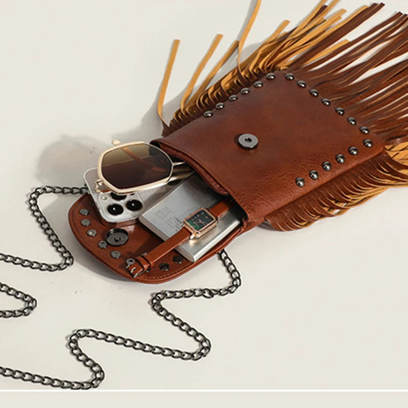 Boho Hippie Punk Skull Tassel Riveted Leather Shoulder Bag Handbag