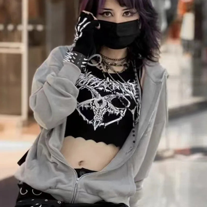 Sexy Black Gothic Print Baphomet Pagan Vest Crop Top Knit TShirt