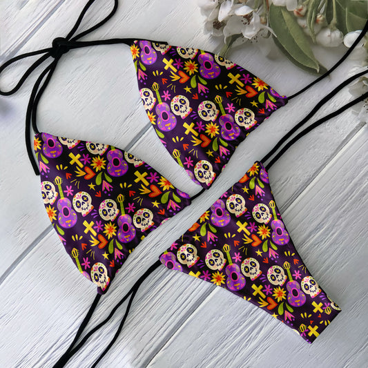 Sexy Gothic Skull Day of the Dead Print Black Triangle Bikini Swimwear Swimsuit