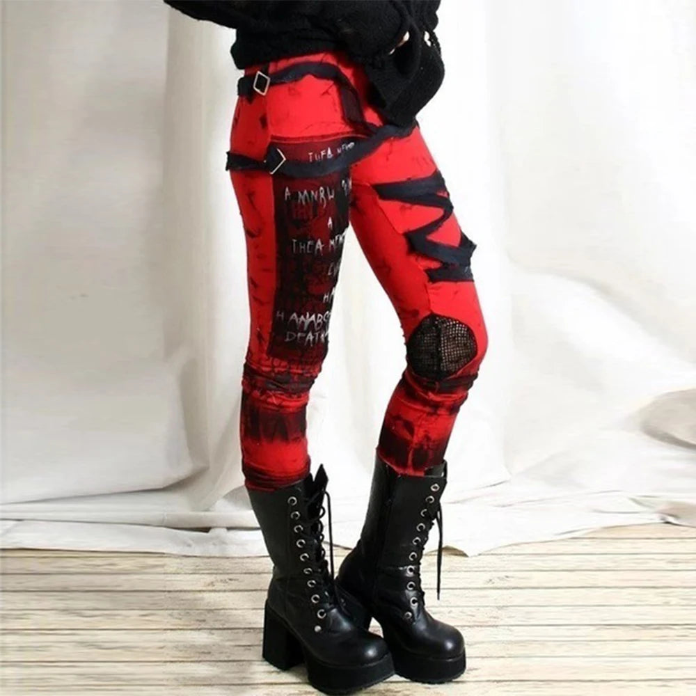 White Black Women's Gothic Steampunk Printed Mesh Spliced Leggings Jeggings Grunge Trousers