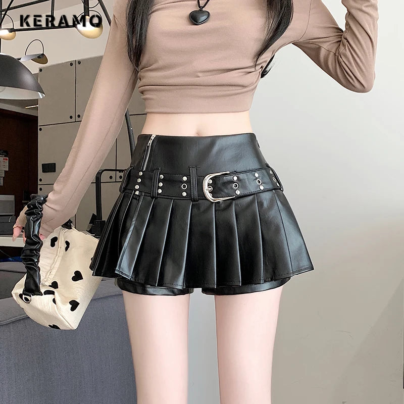 Sexy Black PU Leather Pleated Mini Skirt Skort Clubwear