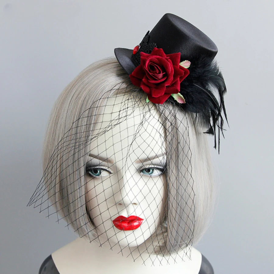 Steampunk Victorian Vampire Gothic Mini Top Hat Fascinator Black Veil Halloween Fancy Dress Costume