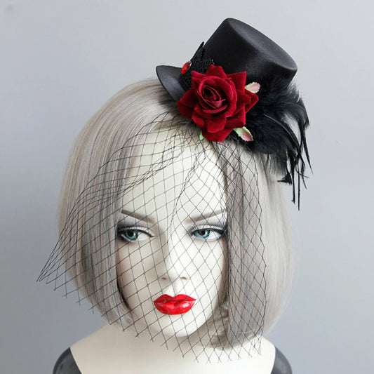 Steampunk Victorian Vampire Gothic Mini Top Hat Fascinator Black Veil Halloween Fancy Dress Costume