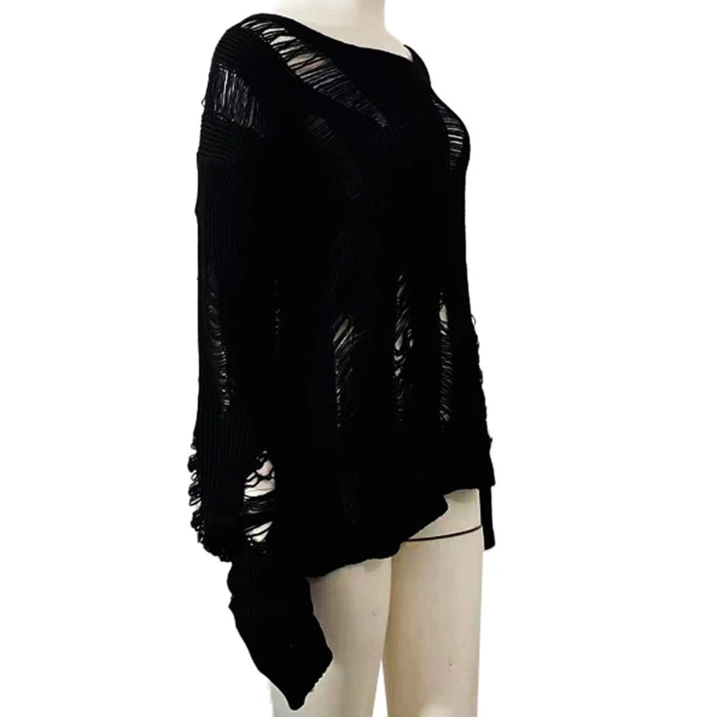 Gothic Punk Black Long Sleeve Sweater Ripped Knit Pullover Jumper