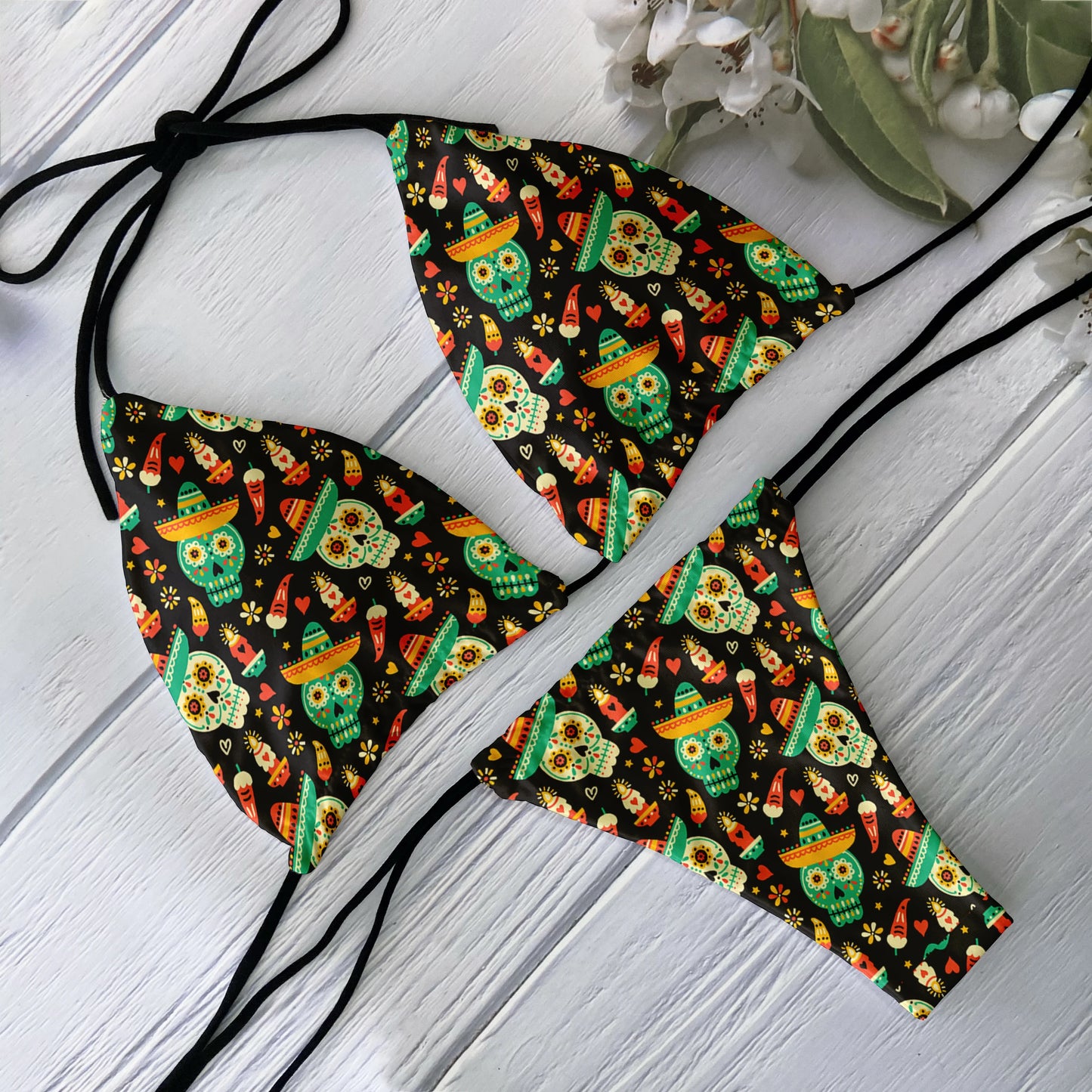 Sexy Halloween Gothic Skeleton Print Halter Bikini Swimwear