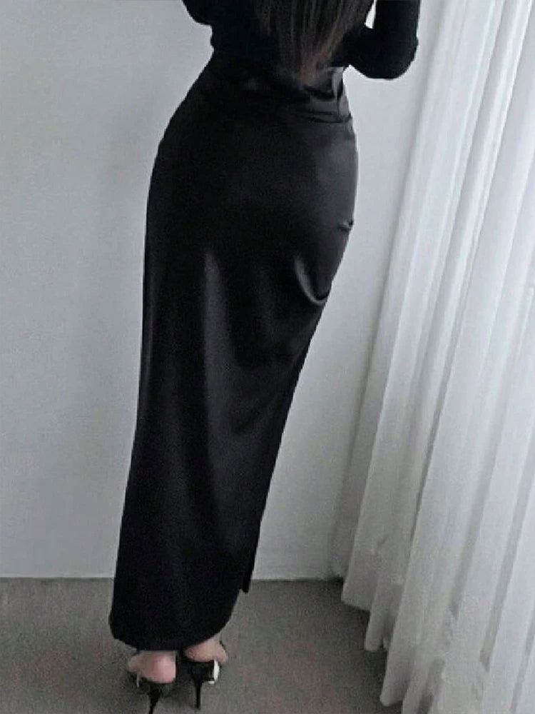 Long Black PU Leather Gothic Pencil Skirt
