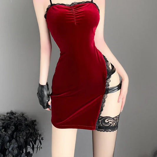 Sexy Red Velvet Lingerie Vampy Dress