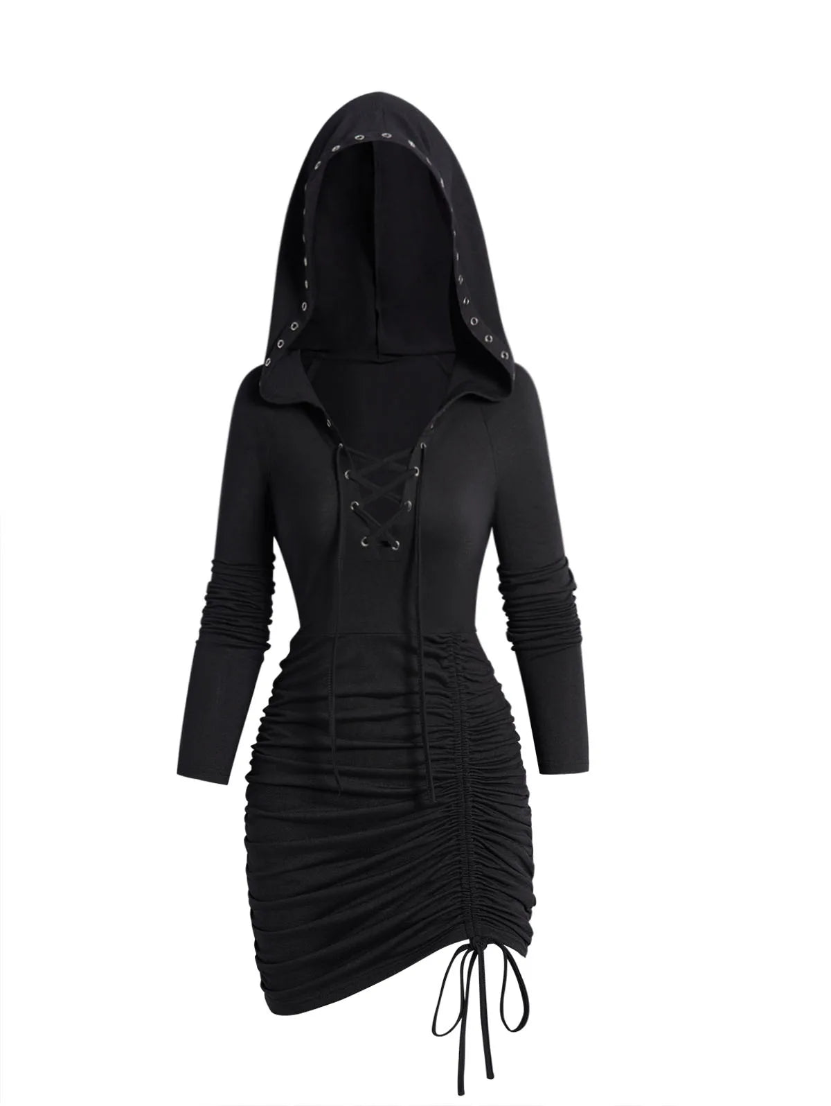 Black Gothic Hooded Dress Lace up Ruched Mini Dress