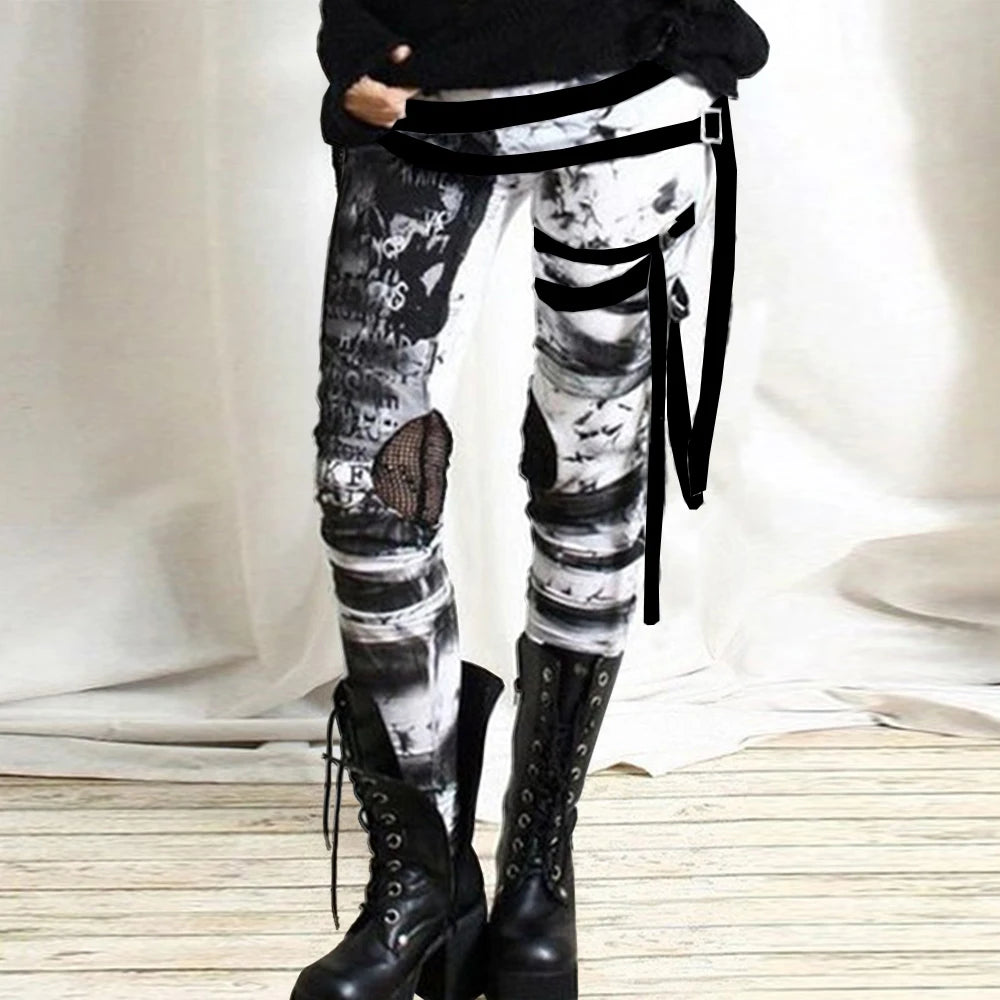 White Black Women's Gothic Steampunk Printed Mesh Spliced Leggings Jeggings Grunge Trousers