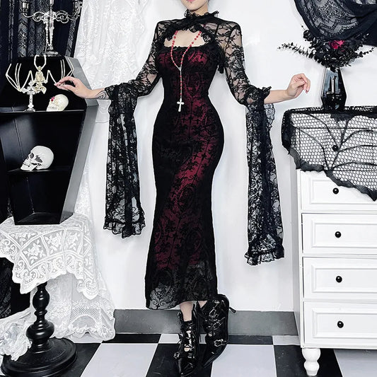 Gothic Black Red Lace Sexy Long Fishtail Dress