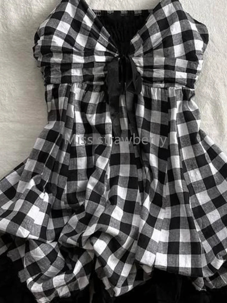 Punk Y2K Black White Check Plaid Puffball Dress Top