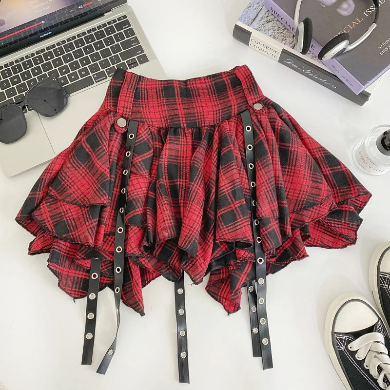Punk Emo Black White Red Tartan Plaid Handkerchief Skirt