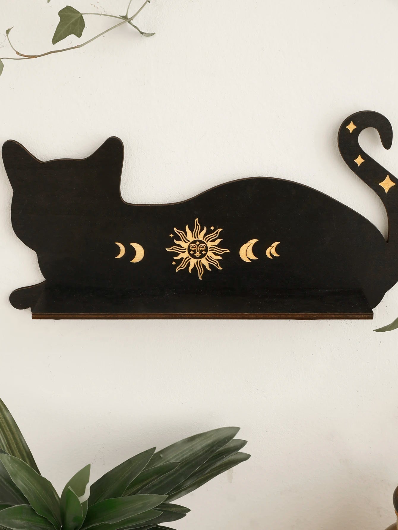 Black Cat Wooden Shelf Gothic Moon Phase Home Decor