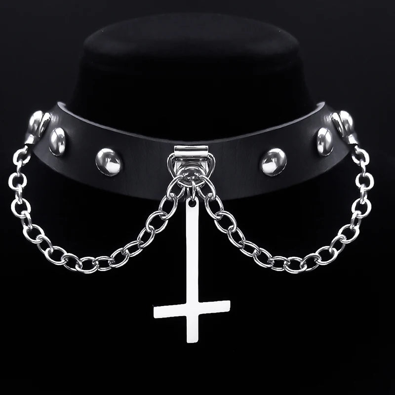 Punk Choker Gothic Satan Inverted Cross Necklace Satanic Jewellery