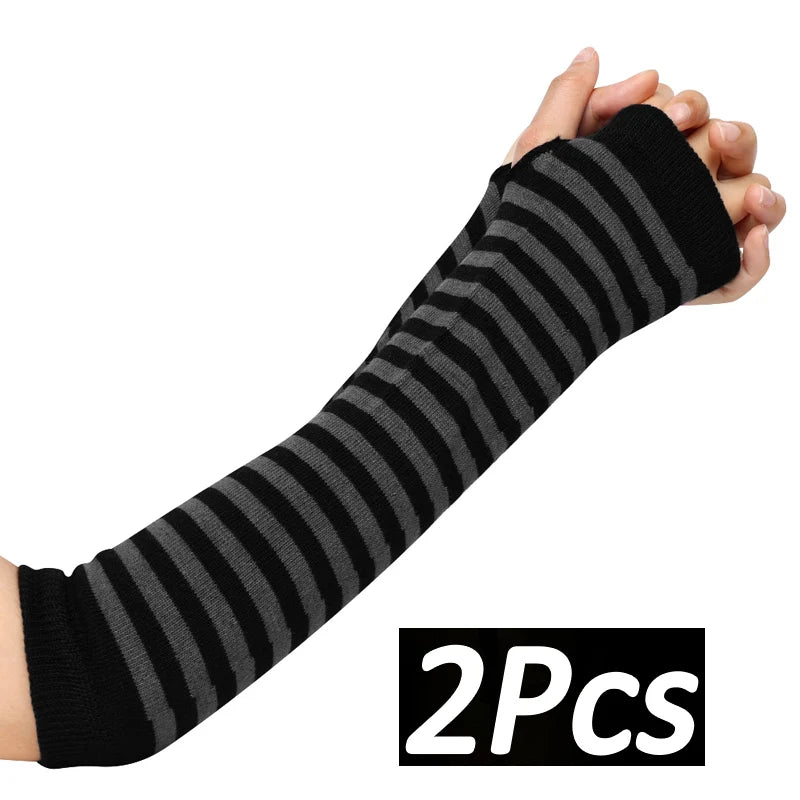 Black White Striped Arm Warmers Emo Punk Long Fingerless Gloves