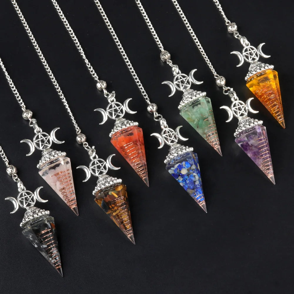 Natural Stone Crystal Reiki Pendulum Three Phases Moon Hexagonal Cone Amethysts Charms