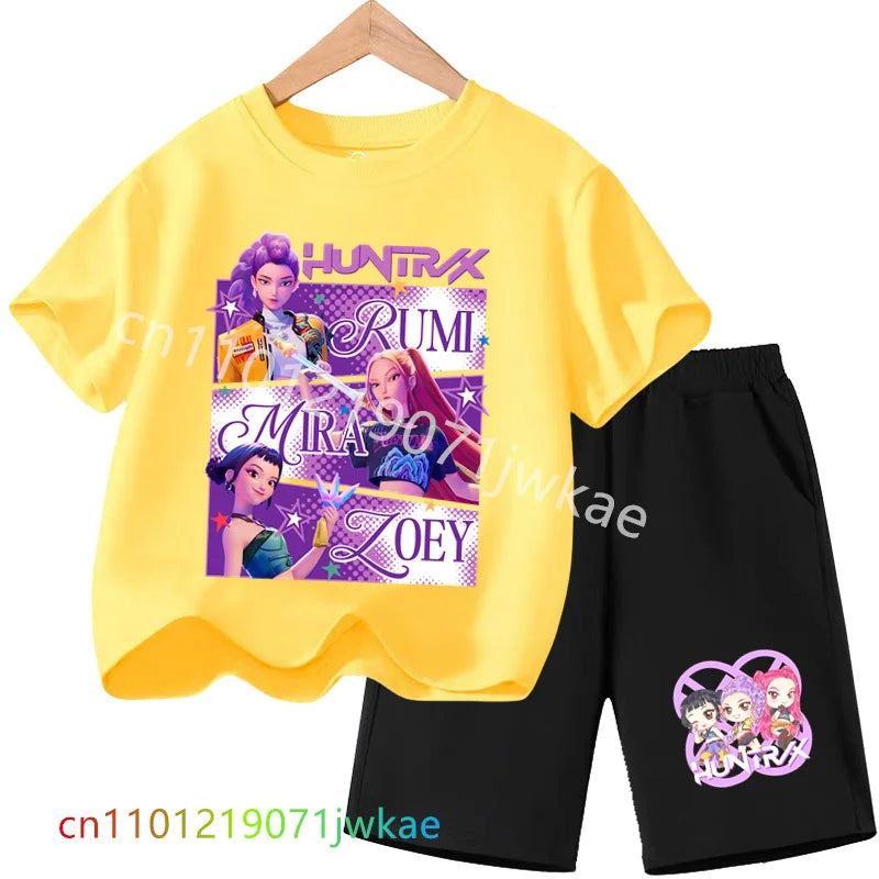 Huntrix T-shirt Set Kpop Demon Hunters Summer Clothes Shorts Rumi