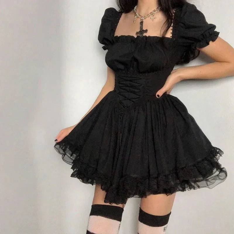Gothic Black Princess Mini Dress Lace Up Corset Puff Sleeves