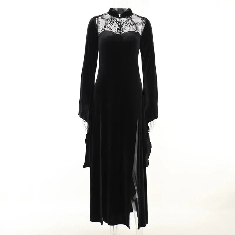 Sexy Black Gothic Velvet Lace Long Black Vampire Witch Dress