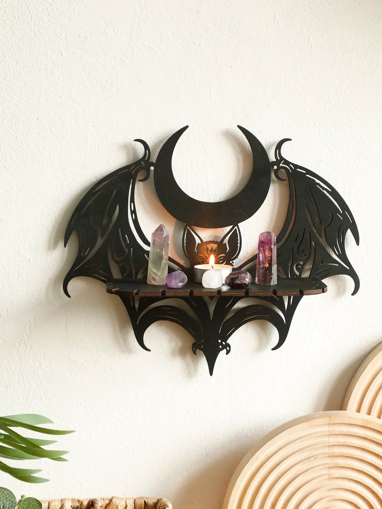Black Halloween Wooden Wall Shelf Gothic Bat Moon