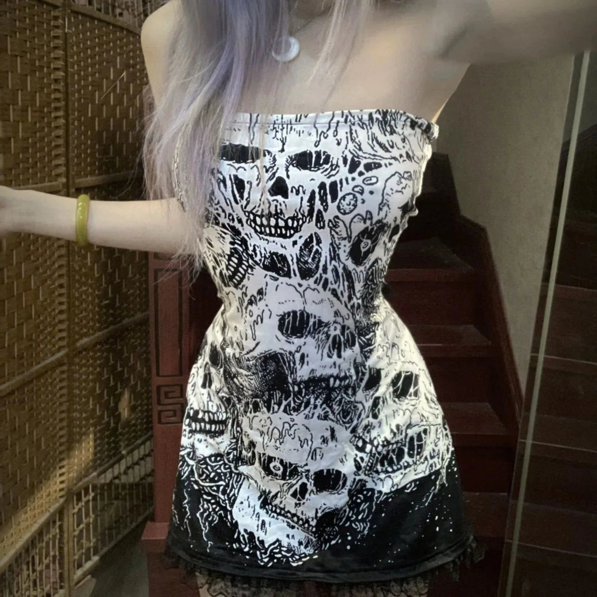 Gothic Sexy Skull Print Strapless Party Mini Dress