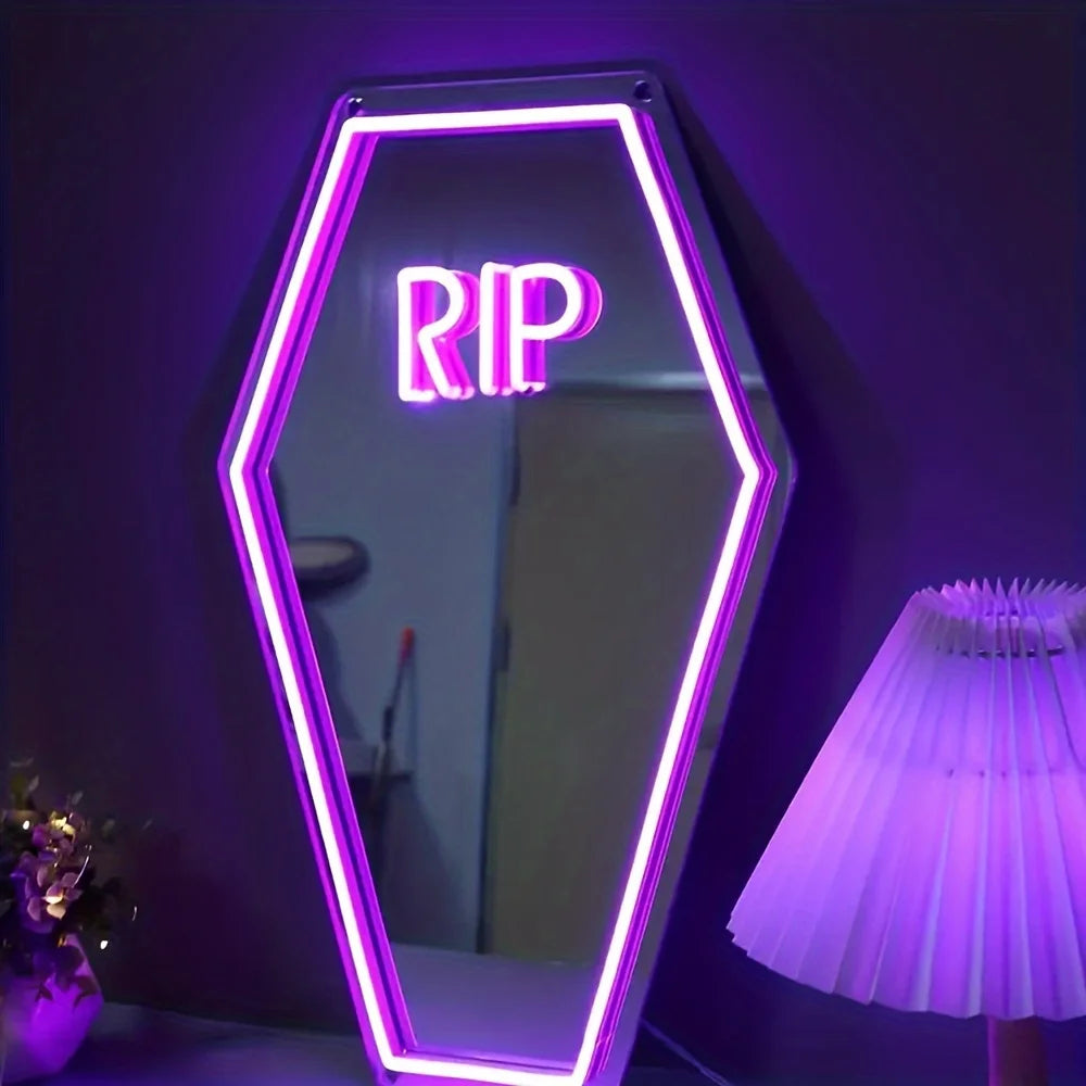 RIP Coffin Shaped Neon Sign Mirror - Gothic Home Decor