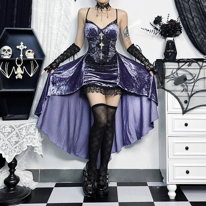 Purple Victorian Goth Velvet Long Lace Gothic Dress