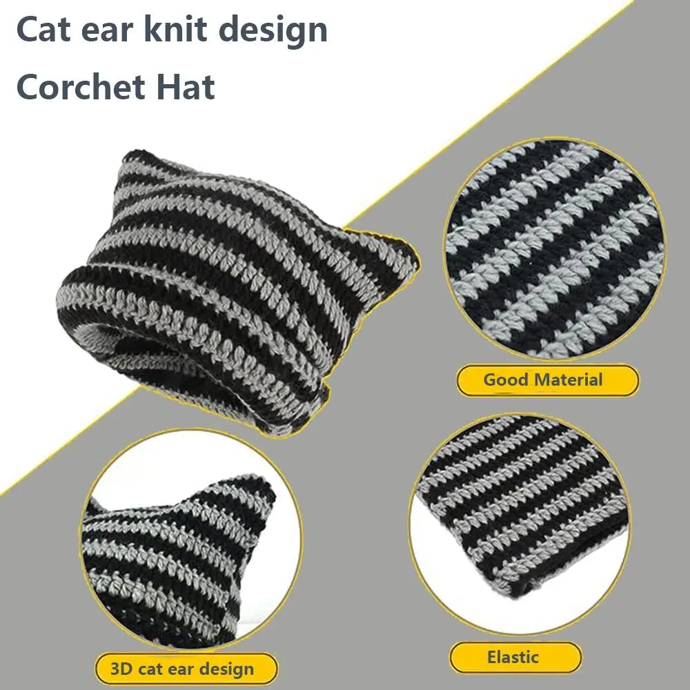 Fashion Crochet Cat Ear Beanie Knitted Emo Y2K Slouch Hat
