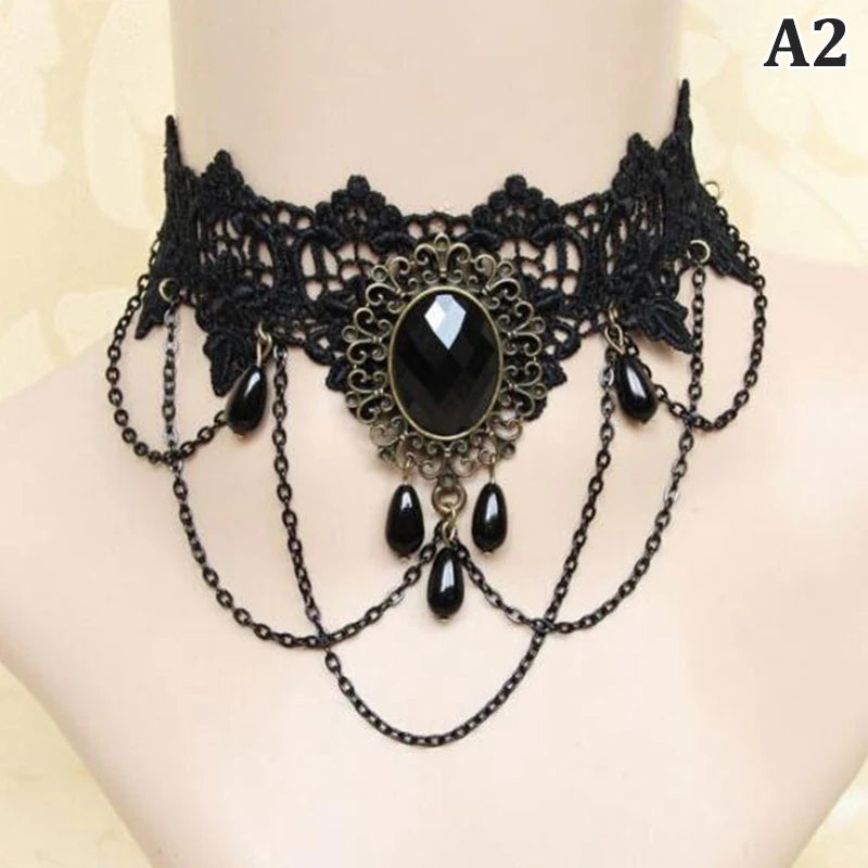 Gothic Chokers Crystal Black Lace Collar Necklace Vintage Victorian