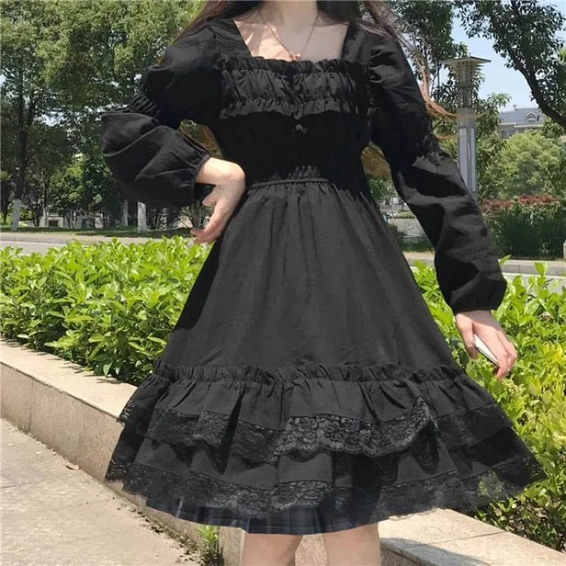 Gothic Black Lace Ruffle Dress