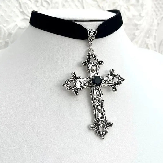 Classic Gothic Large Cross Victorian Vampire Black Velvet Choker Necklace