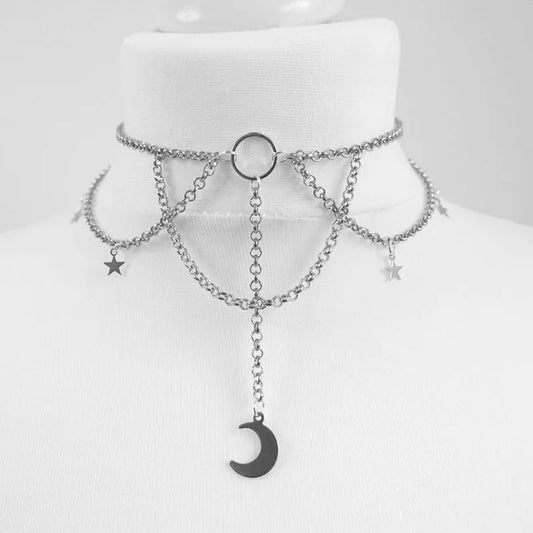 Gothic Chain Crescent Moon and Stars Choker Witch Necklace Silver Pendant Pagan