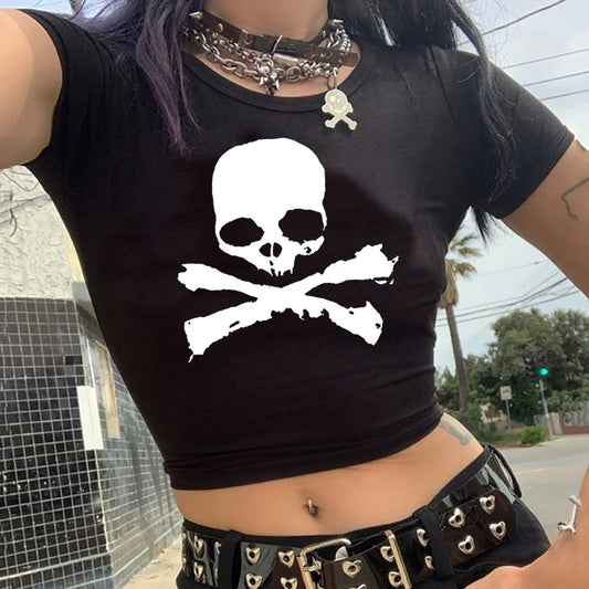 Gothic Y2K Black Skull Pirate Crop Top TShirt