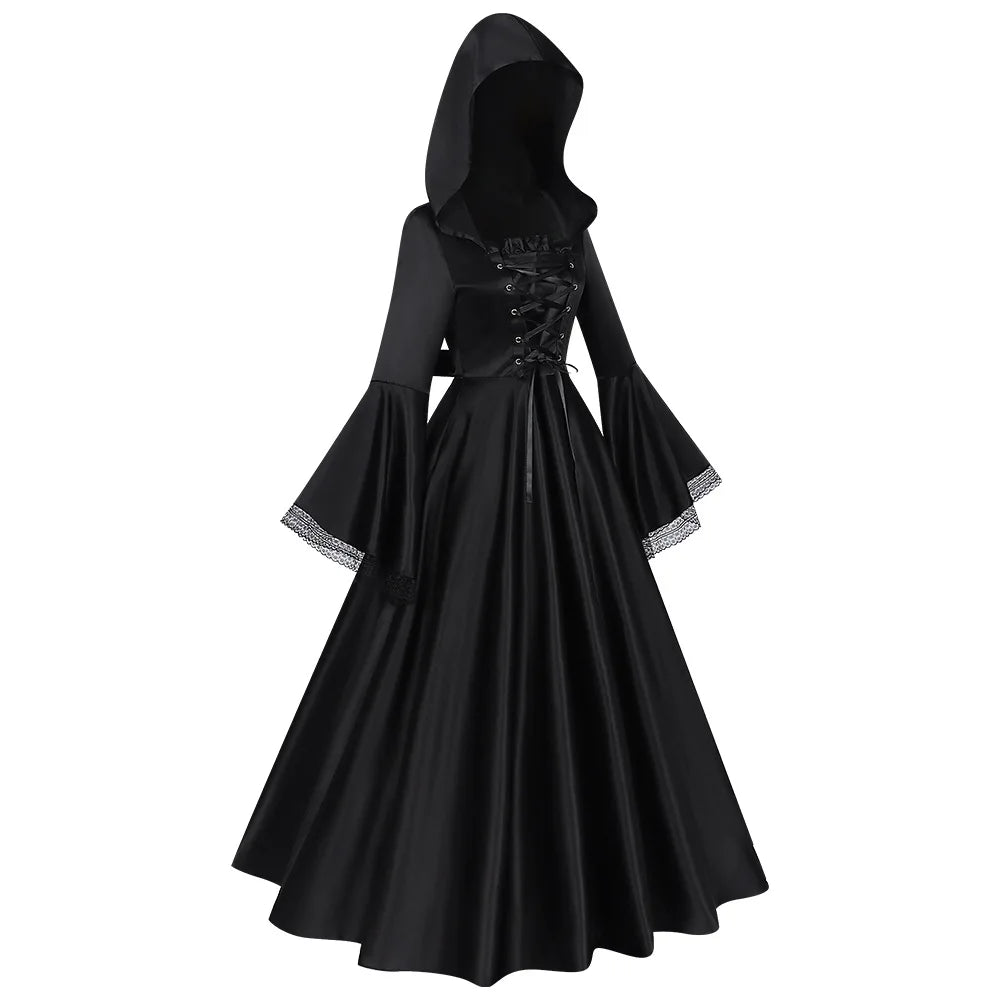 Medieval Pagan Witch Dark Gothic Hooded Long Dress Costume Gown