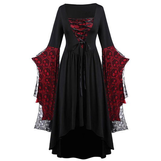 Gothic Long Black Witch Dress Halloween Fancy Dress Costume Red