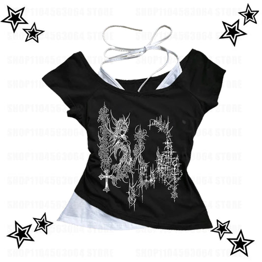 Black White 2000s Y2k TShirt 2 in 1 Vest Top