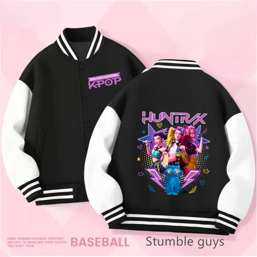 Kpop Demon Hunters Baseball Varsity Jacket Kids Rumi Mira Zoey Huntrix Derpy Tiger Coat Merch Gifts