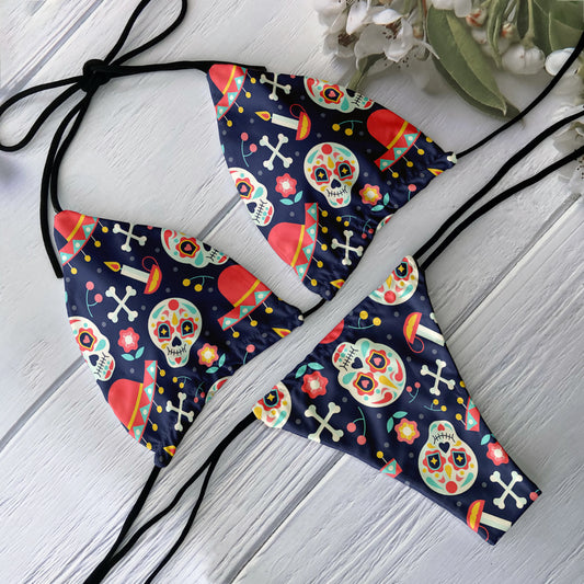 Sexy Gothic Skull Day of the Dead Print Black Triangle Bikini Swimsuit Swimwear