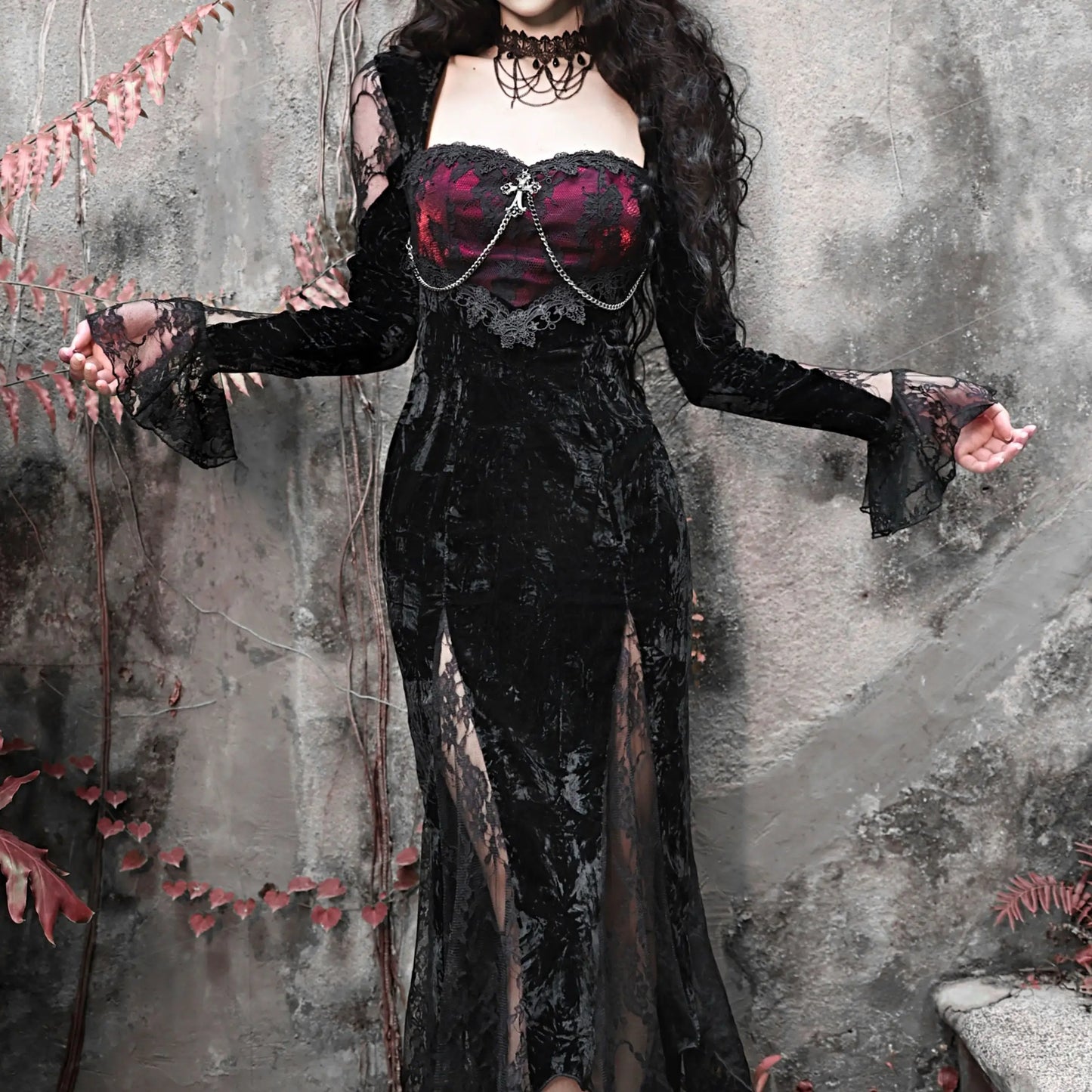 Sexy Victorian Gothic Fitted Black Velvet Lace Vampire Dress