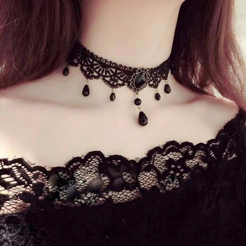 Gothic Chokers Crystal Black Lace Collar Necklace Vintage Victorian